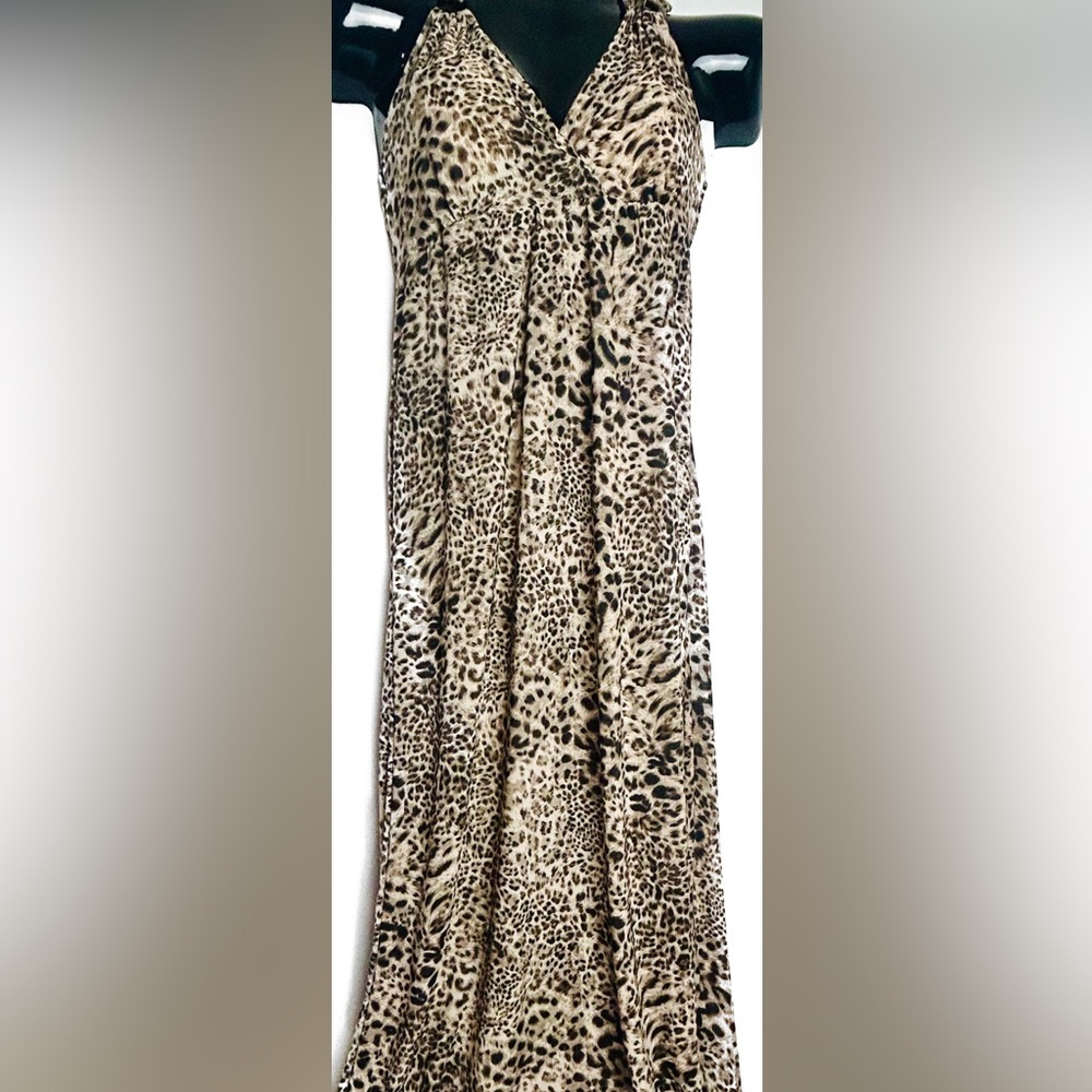 Leopard Print Beige & Black Animal Print Flowy Halter Maxi